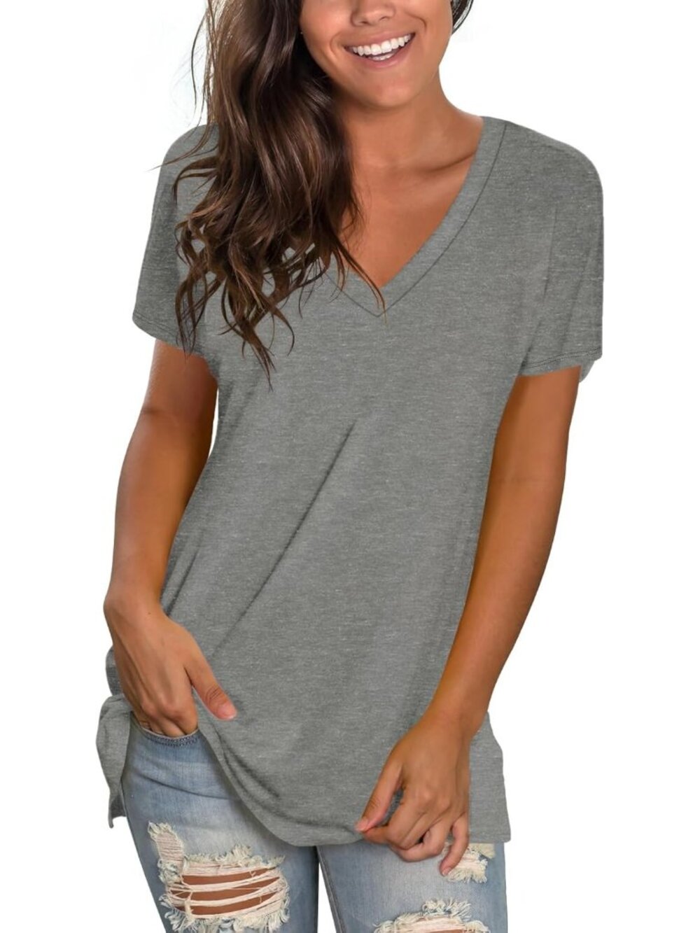 〽️Women Grey Basic V Neck Tee Loose Fitting Casual Short Sleeve Tops T Shirt
